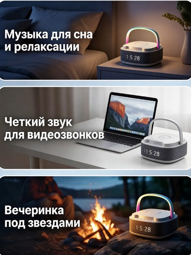 картинка Портативная блютуз колонка с беспроводной зарядкой от магазина Одежда+