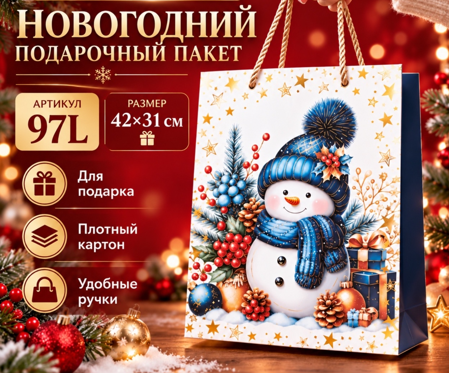 картинка Новогодний подарочный пакет 97M-Размер. 32*26*см— эффектная упаковка для зимних сюрпризов от магазина Одежда+